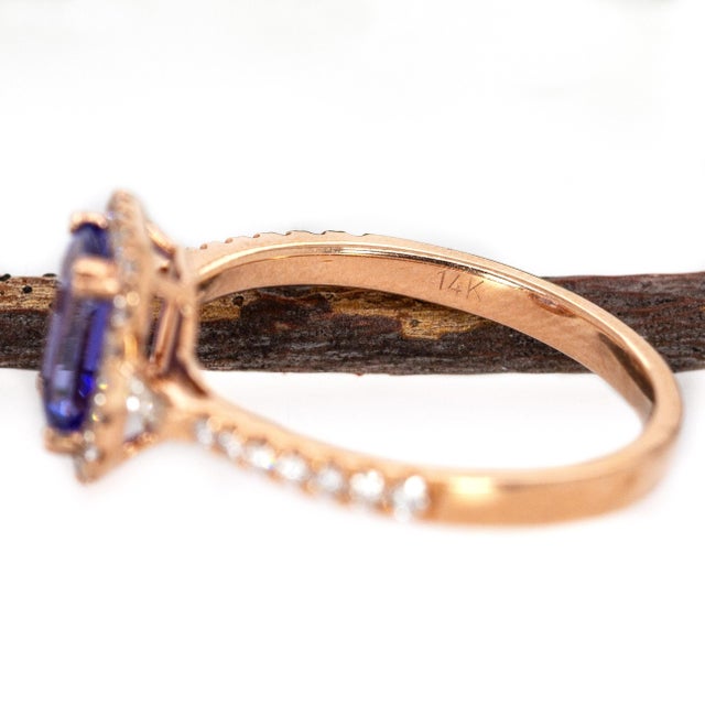 Blue 1ct Tanzanite Ring With Earth Mined Diamonds in Solid 14k Rose Gold | Em 7x5mm, Size 6.75 For Sale - Image 8 of 8