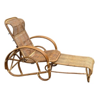 Vintage Rattan Reclining Lounge Chair With Pull-Out Ottoman For Sale