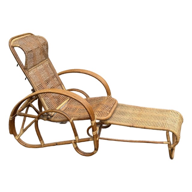 Vintage Rattan Reclining Lounge Chair With Pull-Out Ottoman For Sale