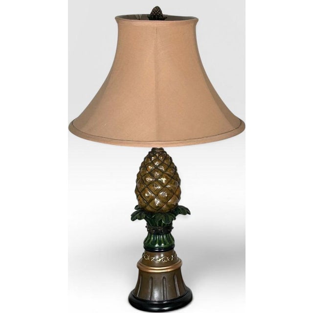 Chinoiserie Vintage Hollywood Regency Painted Composition Pineapple Lamps - A Pair For Sale - Image 3 of 17