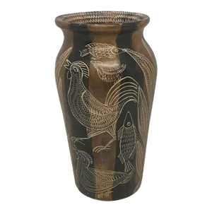 Mid 20th Century Asian Style Hand Carved Soapstone Vase With Roosters, Fish and Plants Design