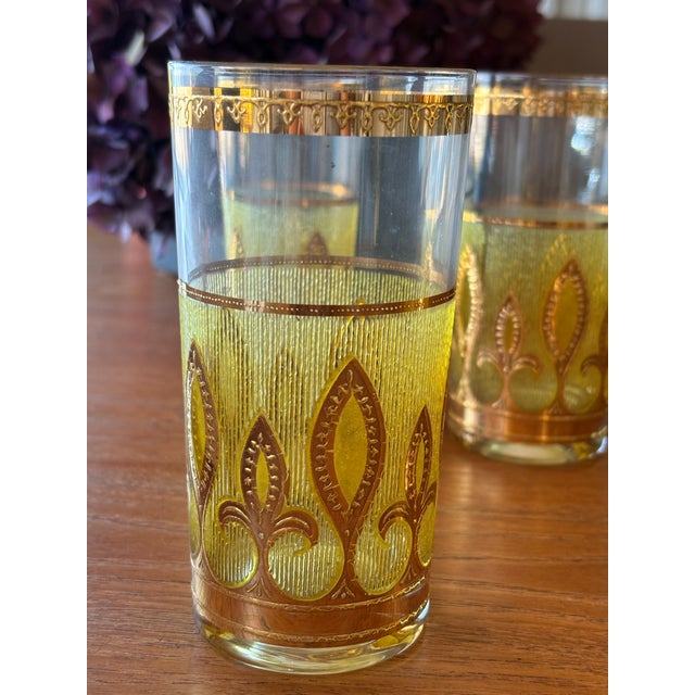1970s 1970s Yellow 22k Gold Signed Culver Glassware Set of 4 Highball For Sale - Image 5 of 10