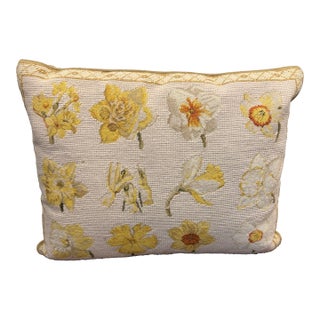 Vintage Chelsea Textiles Wool Needlepoint Pillow Daffodil Botanical Cushion For Sale