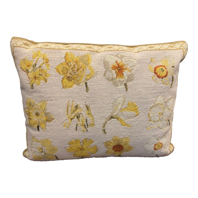 Vintage Chelsea Textiles Wool Needlepoint Pillow Daffodil Botanical Cushion For Sale