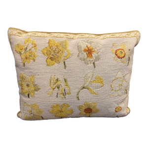 Vintage Chelsea Textiles Wool Needlepoint Pillow Daffodil Botanical Cushion