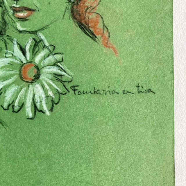 An original, mid-century, mixed media/ pastel drawing of a woman on green paper with a flower. Drawing is not signed or...
