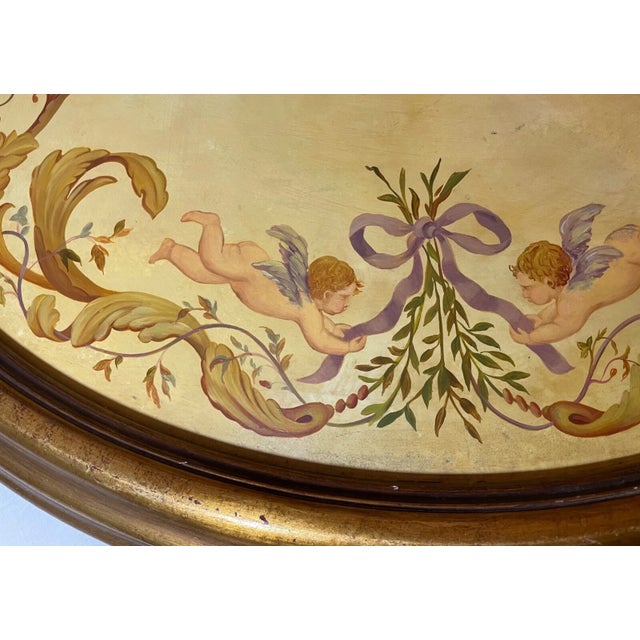 Pair of 2 Large Vintage Oval Original Hand Painted Oil Painting Cherub Frescos For Sale - Image 10 of 15
