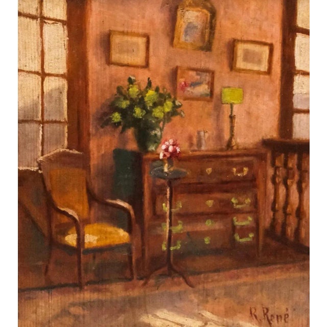 A European interior of a probably French room by artist R Renee depicting a lovely sunlit interior of a beautifully...