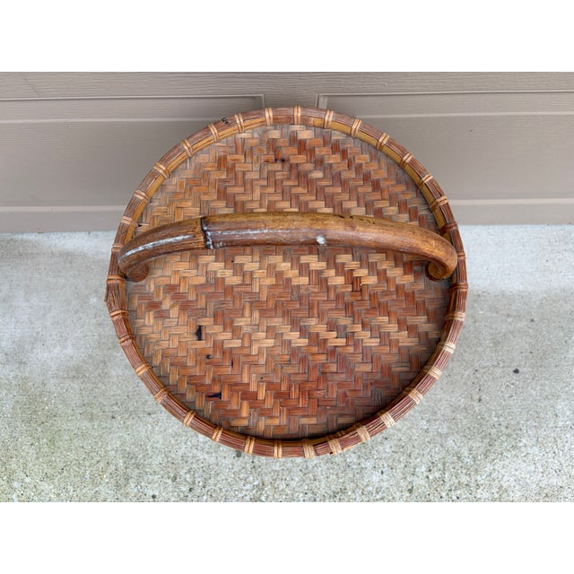 Wood Mid-Century Palm Beach Bamboo & Woven Rattan Drinks Table With Carrying Handle For Sale - Image 7 of 12