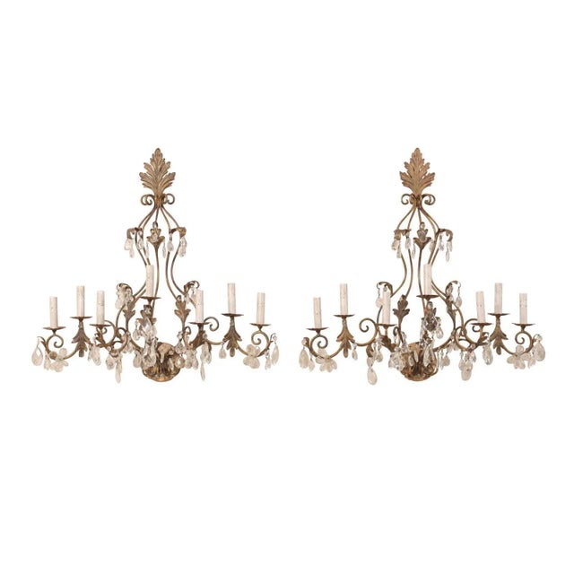 Mid-Century Seven-Light Crystal and Iron Sconces With Leaf Crest Tops - a Pair For Sale - Image 11 of 11