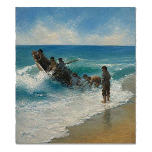Jusa, Fishermen, 1998, Acrylic on Canvas For Sale