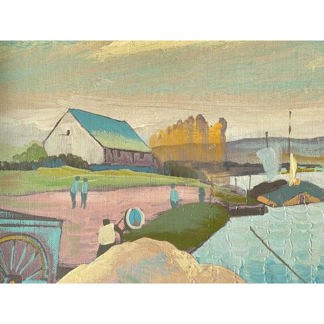 Sky Blue Signed Large Painting of a Waterfront Lake For Sale - Image 8 of 12