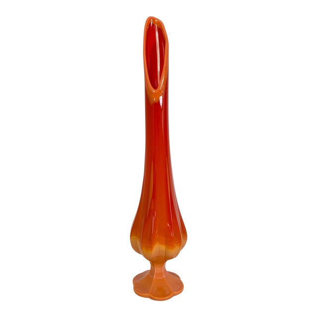 MidCentury Modern Orange Slag Glass Stretch Swung Pedestal Vase Viking