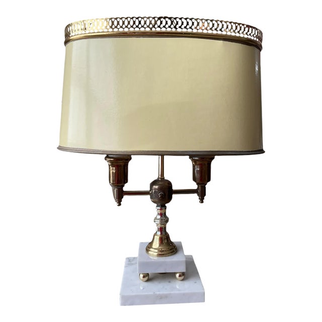 Mid 20th Century Vintage Brass & Marble French Bouillotte 2 Ways Table Desk Lamp For Sale