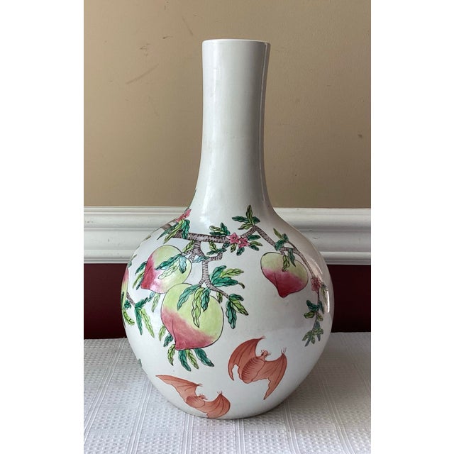 Vintage Chinese Famille-Rose Porcelain Vase – Peach & Bat Motif – 14” Tall, Unmarked For Sale - Image 9 of 11