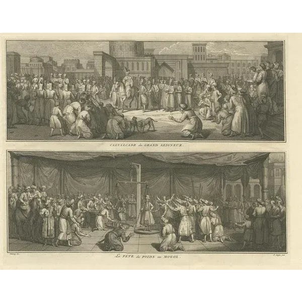 Antique print depicting depicts the Calvalcade of the Great Lord, the lower image depicts the celebration of the weights...