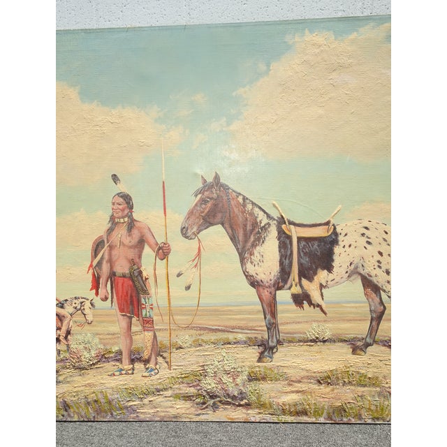 VTG American Indians W Horses Oil Painting Picture Signed W Horse Monogram Fabri For Sale - Image 4 of 15