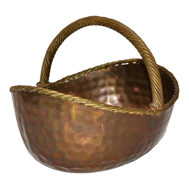 50s Ramon Ramirez Style Arts & Crafts Heavy Brass Basket Planter Hammered Patina For Sale