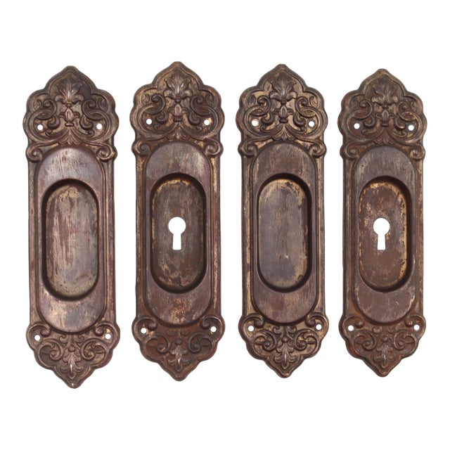 Set of Reclaimed 8.25 In. Victorian Steel Pocket Door Plates For Sale