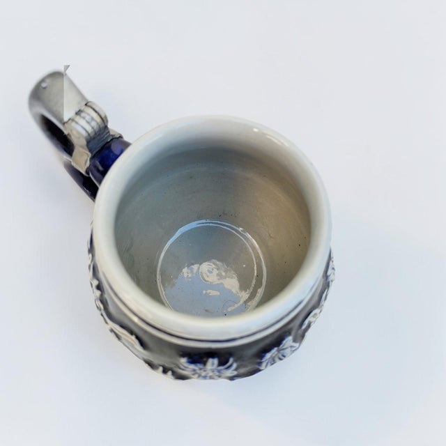 Mid-Century German Cobalt Blue Relief Stein with Pewter Lid, 1940s-1950s For Sale - Image 11 of 12