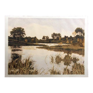 Gordon Mortensen "Autumn Sunset" Signed Woodcut Reduction Art Lake Landscape For Sale