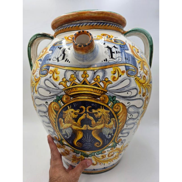 Amazing Rare Antique XL Mid 19th C Italian Majolica Olive Oil Jar Heraldic Lions Hand Painted For Sale - Image 13 of 18