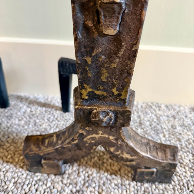 Metal Antique Cast Iron Burnished Andirons by Ohio F & M Co. 1920s For Sale - Image 7 of 14