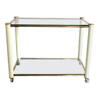 Brass and Beige Lacquered Metal Drinks Trolley with 2 Glass Shelves in the Style of Tommaso Barbi, 1970s For Sale