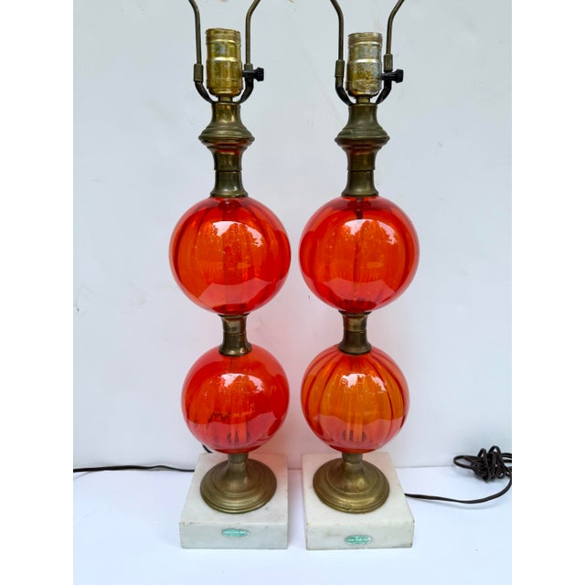 Vintage Stacked Glass Balls Table Lamps on Marble Base - a Pair For Sale - Image 11 of 12