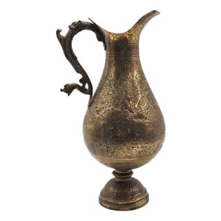 19th Century Islamic Arabic Engraved Brass Jug With Figural Handle For Sale