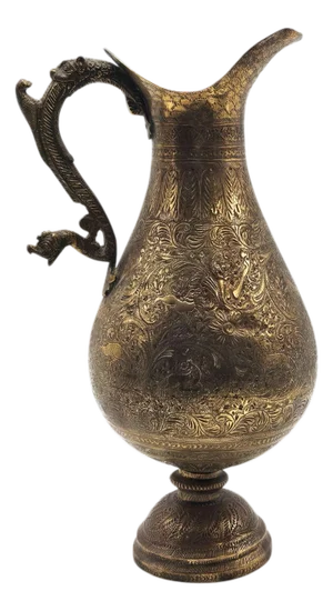 19th Century Islamic Arabic Engraved Brass Jug With Figural Handle
