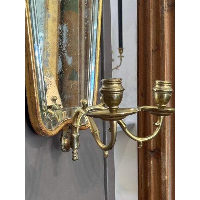Wood Pair of 20th Century Italian Giltwood Etched Mirror Two-Light Sconces For Sale - Image 7 of 8