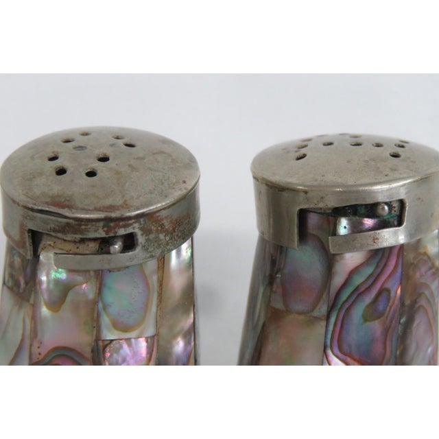 Mexican Salt and Pepper Shaker Pair 2pc Alpaca Silver Abalone Shell 5191b For Sale - Image 13 of 14