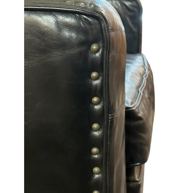 1980s Restoration Hardware Black Leather Library Lounge Chair With Brass Studs For Sale - Image 5 of 8