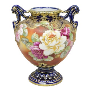 Antique Nippon Hand Painted Floral Design Cobalt Blue Porcelain Bolted Urn Vase For Sale