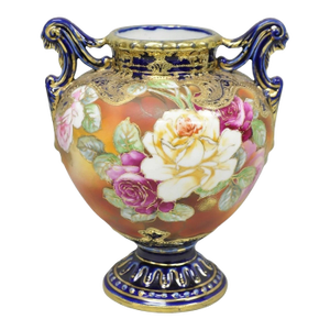 Antique Nippon Hand Painted Floral Design Cobalt Blue Porcelain Bolted Urn Vase