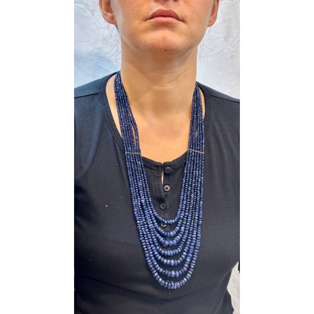 2010s 1200 Carat Natural Sapphire Bead Seven Strand Necklace 14k Gold with Spacer, 32 For Sale - Image 5 of 18