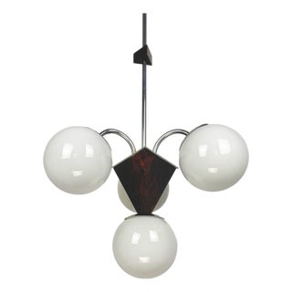 Art Deco Bauhaus Style Wood and White Glass Globes Pendant Light, 1930s For Sale