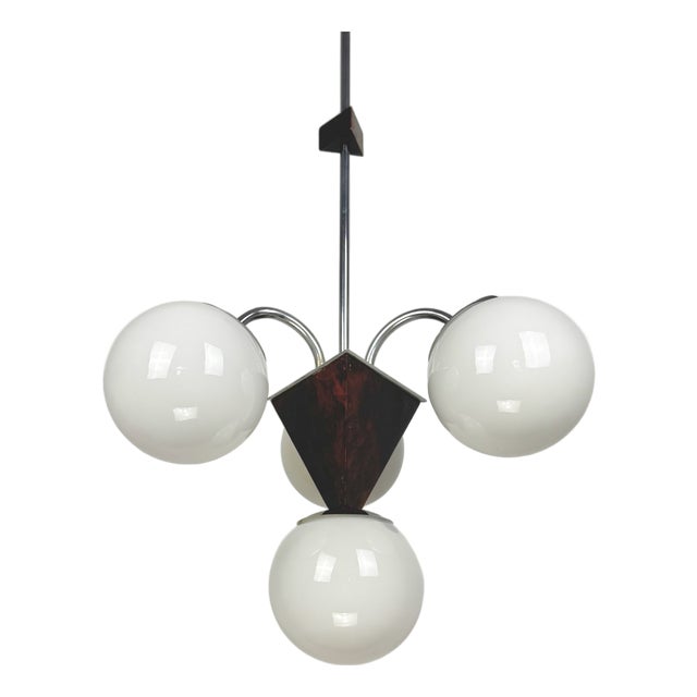 Art Deco Bauhaus Style Wood and White Glass Globes Pendant Light, 1930s For Sale