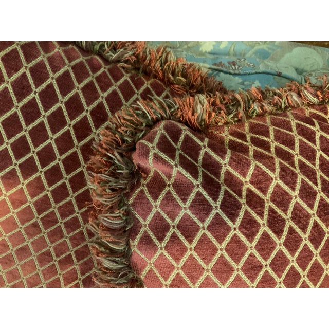 Pair of Oversized 24” Oxblood & Tan Diamond‑Lattice Jacquard Pillows With Luxe Multicolor Brush Fringe - Cottage Core - Club Room - French Country For Sale - Image 4 of 6