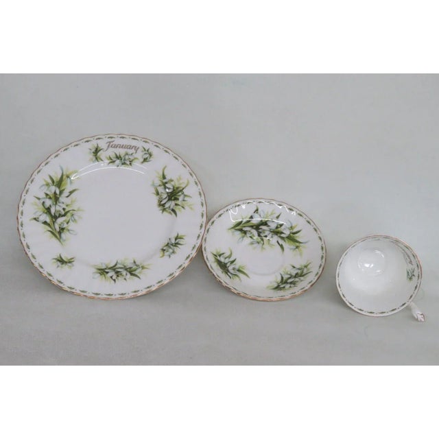 Royal Albert Bone China January Snowdrops Tea Cup Saucer and Plate Set For Sale In Miami - Image 6 of 10