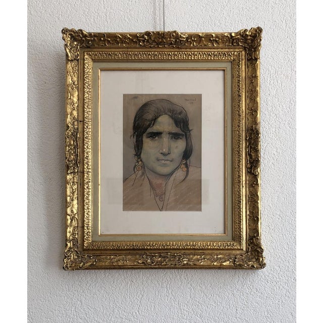 Edouard Morerod, Portrait de femme amérindienne, 1919, Pencil, Charcoal & Pastel on Paper, Framed For Sale - Image 9 of 9
