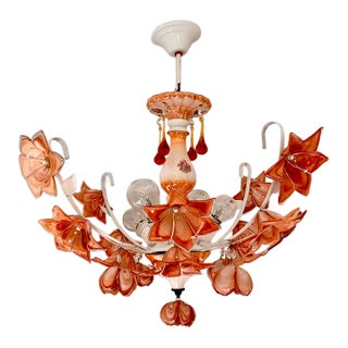 Vintage Italian Murano Style Amber Brown Floral Chandelier - Porcelain Body With Crystal Teardrops For Sale