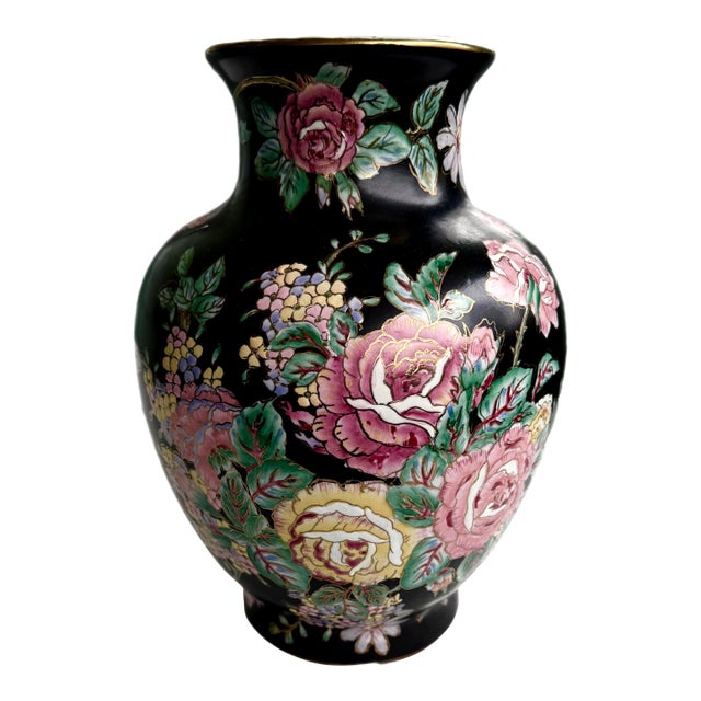 Chinese Export Famille Noire Hand-Painted Floral Vase For Sale