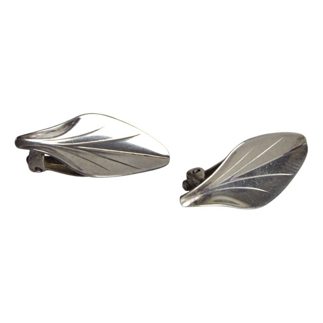 Modernist Sterling Silver Leaf Earclips by Hermann Siersbøl, 1940-1950s, Set of 2 For Sale