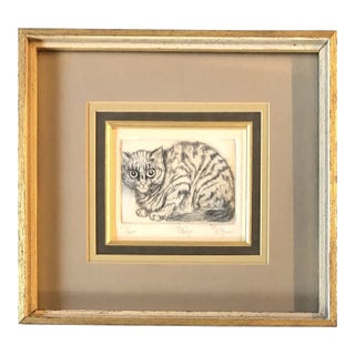 1960’s Original “Tabby” Cat Etching Mid Century Modern Original Frame Signed For Sale