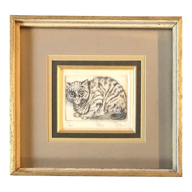 1960’s Original “Tabby” Cat Etching Mid Century Modern Original Frame Signed For Sale