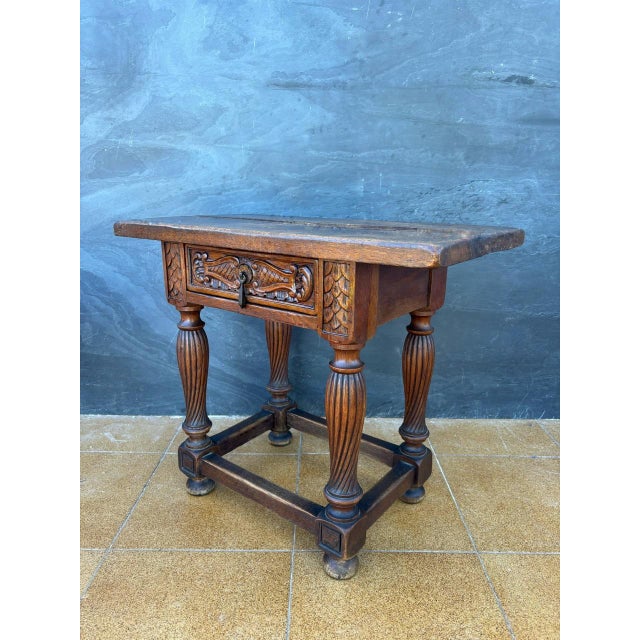 Brown Spanish Renaissance Revival Oak Side Table with Drawer, 1920s For Sale - Image 8 of 9