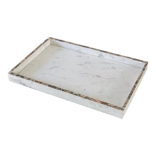 Vintage Large Vanity Tray in White Marble With Mother of Pearl Border For Sale