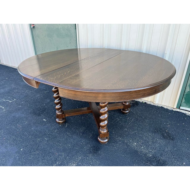 Brown Antique Victorian Quartersawn Oak Barley Twist Extension Dining Table- Refinished For Sale - Image 8 of 12